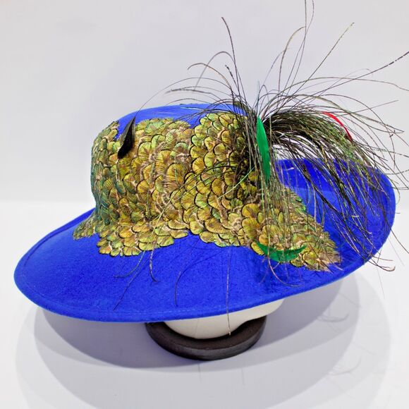 VTG Jack McConnell Blue 100% Wool Felt Fascinator Hat Green Gold Peacock Feather main image 5